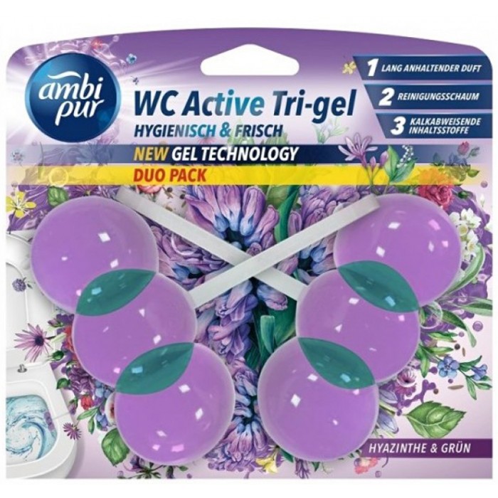 Гелевий підвісний блок для туалету Ambi Pur WC Active Tri-gel Гіацинт і зелень, 2х45 г (825586/825708) - 